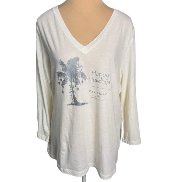 Caribbean Joe Tops - Caribbean Joe Cream V-Neck Top with Silver Holiday Palm Tree Design Size XL